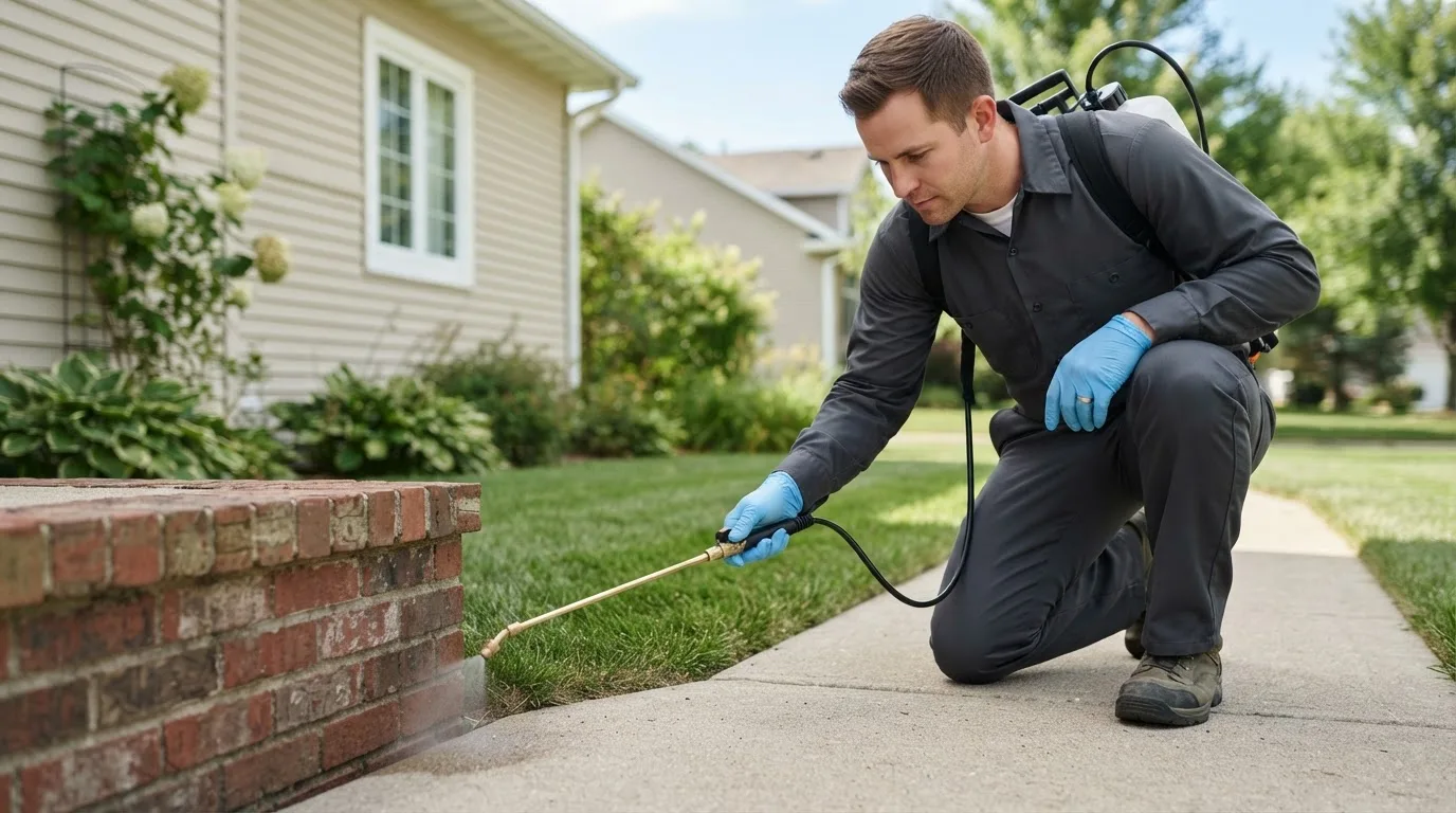 Pest control technician treating a home near Gridley, CA